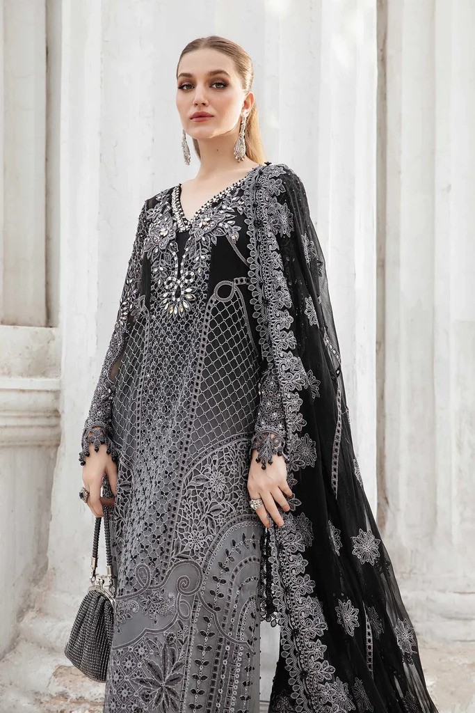 MARIA.B Embroidered Chiffon Net Party Wear - Pakistani Party Wear Three Piece